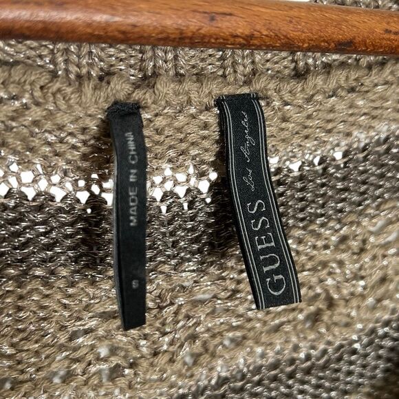 Guess Striped Wool Blend Open Knit Metallic V-Neck Sweater Taupe Gray Size Small - Picture 7 of 11